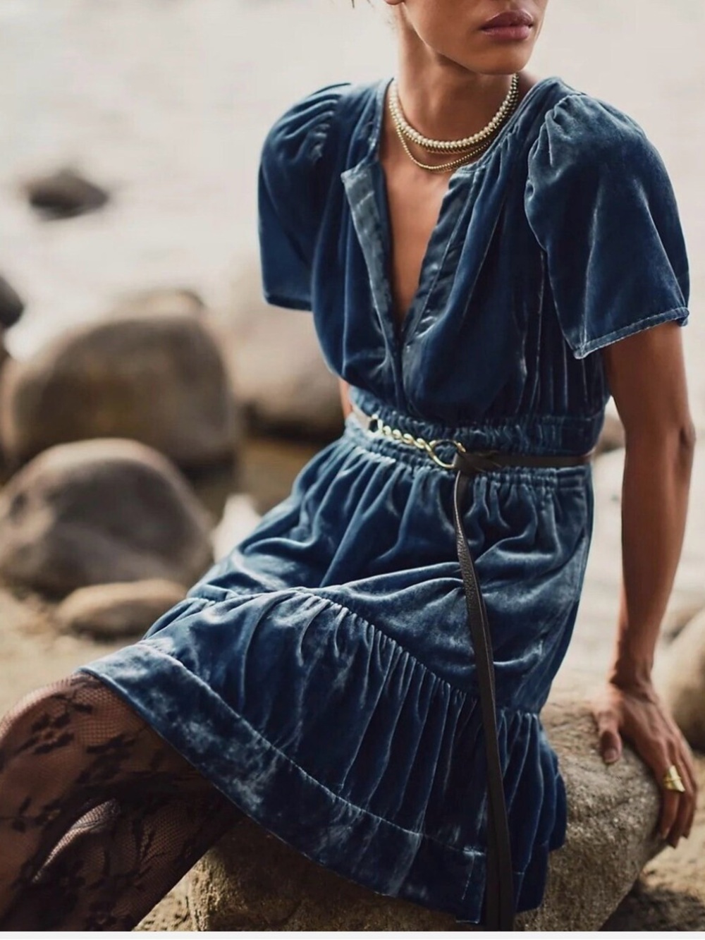 Anthropologie The Somerset Mini Dress Blue Velvet Velour Sz L Cozy Fall Party